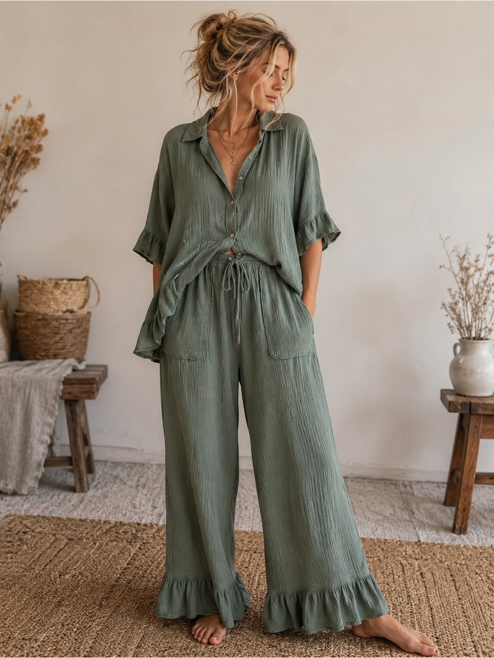 130🌟 Easel NWT Sage/Kaki Green Boho 2-Piece Set Small Oversized